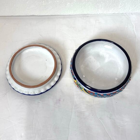 MEXICAN Talavera Lidded Trinket Box Clay Pottery Handmade Round Jewelry Holder - Picture 2 of 5